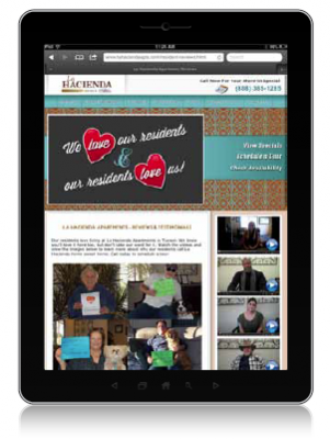 iPad displaying La Hacienda Apartments website with resident testimonial videos and photos