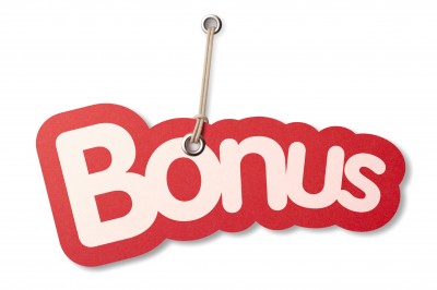 Red and white Bonus tag shaped label hanging from a string