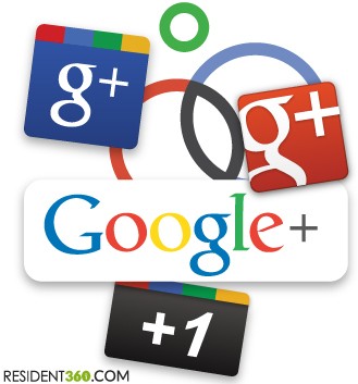 Google Plus logo icons and rings surround a Google Plus wordmark banner with a plus one badge below
