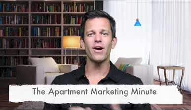 Man speaking on camera in a living room set for a video titled The Apartment Marketing Minute