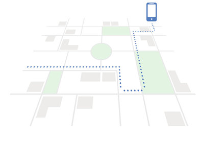 Map illustration with a dotted navigation route leading to a smartphone icon, showing turn-by-turn directions
