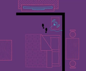 Illustrated bedroom floor plan with bed, footprints, and a smart speaker on a nightstand