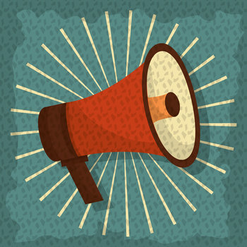 Illustrated red megaphone with sound rays radiating against a teal textured background