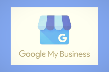 Google My Business logo featuring a blue storefront icon with an awning above the wordmark