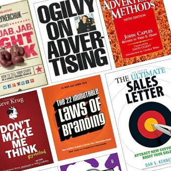 Collage of marketing and advertising books including Ogilvy on Advertising and The Ultimate Sales Letter