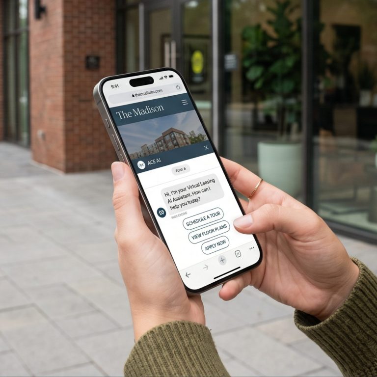 Hand holding a smartphone showing The Madison website with an AI leasing assistant chat offering tour scheduling and floor plans