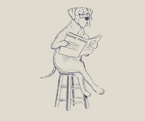 Illustrated Great Dane wearing glasses sits on a stool reading a newspaper titled Dane Park
