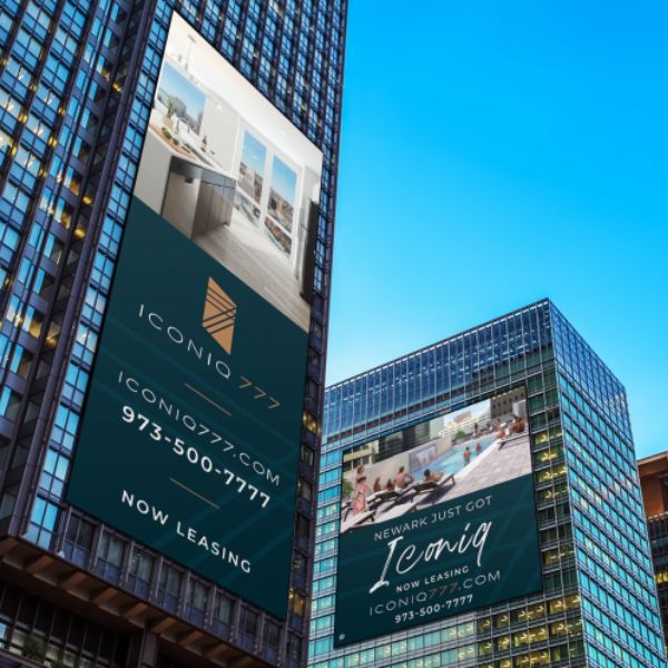 Two skyscraper banners advertise Iconiq 777 now leasing, showing interior photos and a rooftop pool scene.
