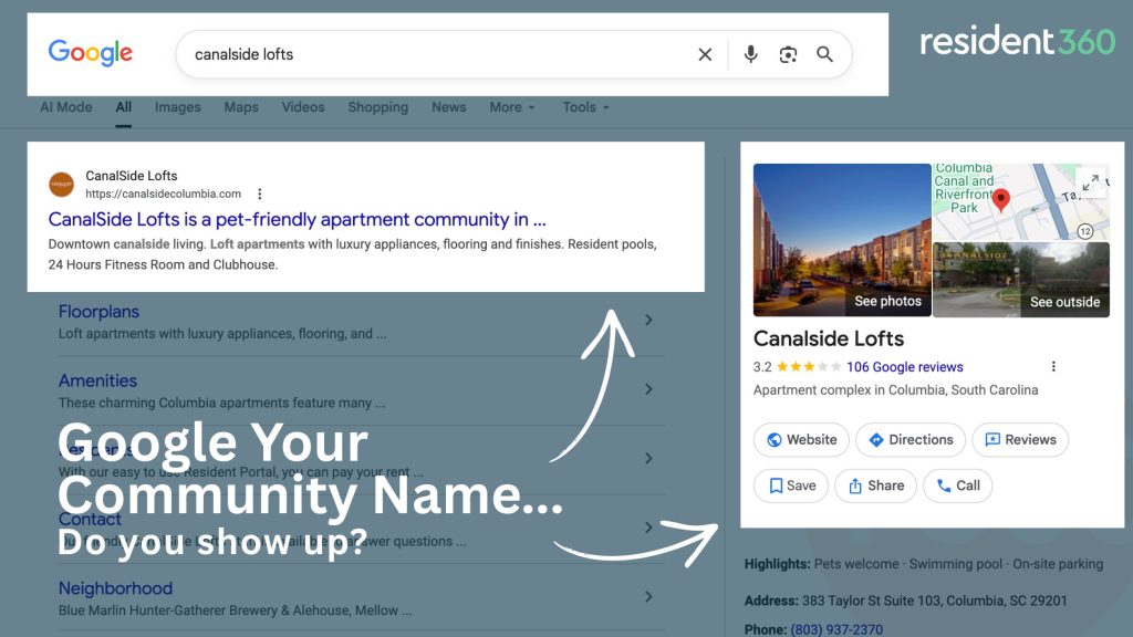 By adding your community name + local area to the title tag, meta description, and throughout your home page content, this in most cases will be enough to get your community ranked. If someone doesn’t know your community name, you also want to rank by inserting keywords, like “apartments + location” throughout your content as well.