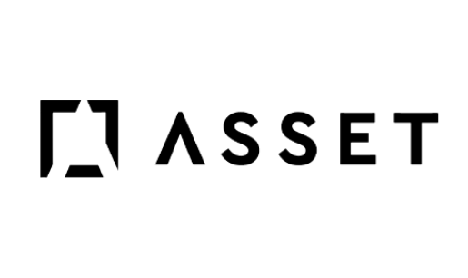 Asset logo featuring a bracket-style icon beside the wordmark in black text