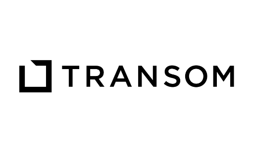 Transom logo featuring a geometric window icon beside the wordmark in black text