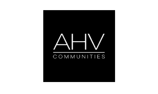 AHV Communities logo in white text on a black square background