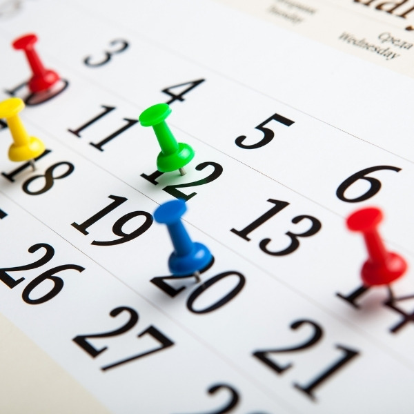 Colorful push pins mark specific dates on a calendar with numbered days