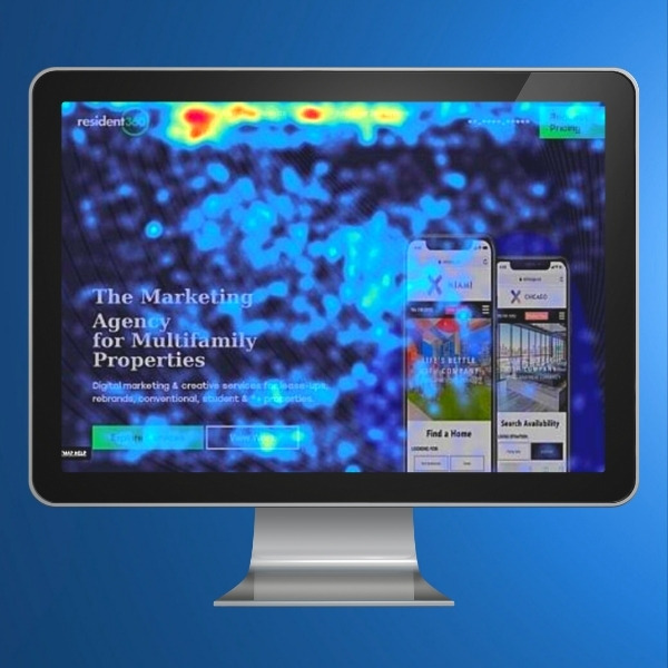 Heatmap overlay on Resident360 website homepage showing user attention on desktop and mobile mockups
