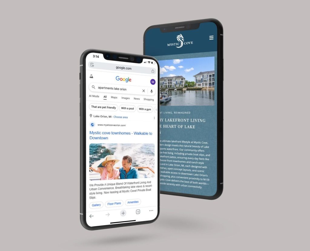 Two phones show a Google search for Lake Orion apartments leading to the Mystic Cove townhomes website.