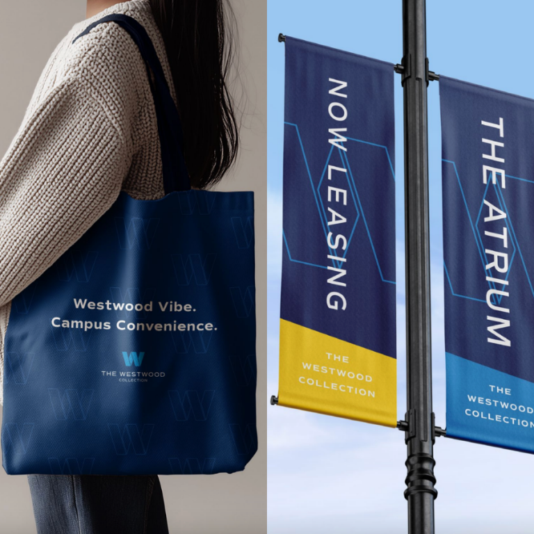 The Westwood Collection multifamily rebrand signage and mockup examples