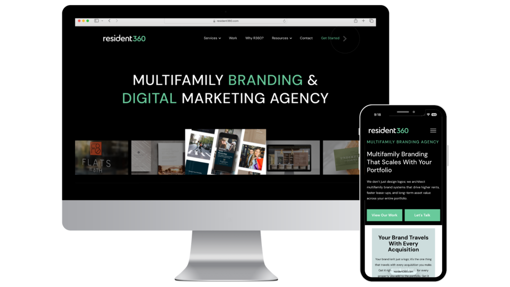Resident360 corporate website displayed on desktop and mobile screens showing the multifamily branding agency homepage