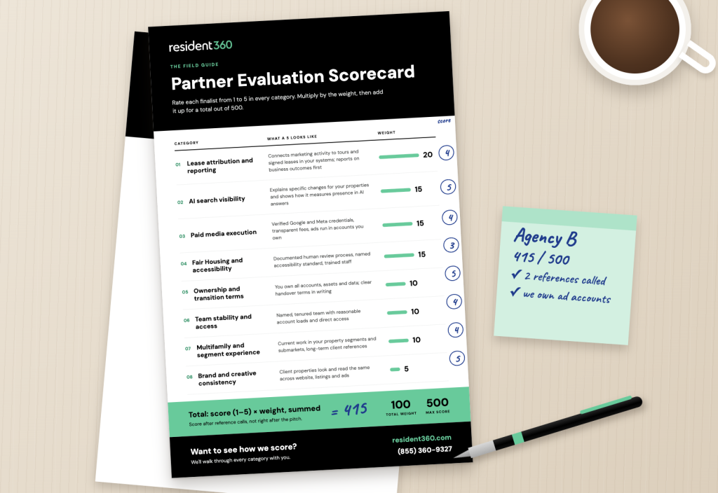 Resident360 Partner Evaluation Scorecard for how to choose a multifamily digital marketing agency